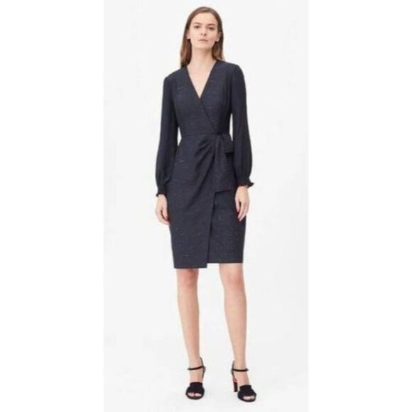 Rebecca Taylor Cross Hatch Wool Blend Wrap Dress Navy Womens Size 6 - Picture 2 of 16
